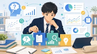 高校生が探究活動の中で仮説を立てて検証するロジカルシンキングのプロセスを表現したイラスト