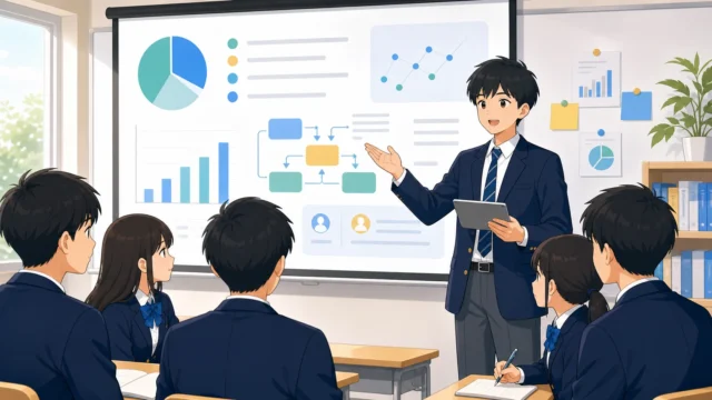 探究学習の成果発表会で高校生が自信を持ってプレゼンテーションを行っている様子のイラスト