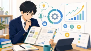 探究活動のプロセスを振り返り、自己評価を通じて成長と改善を図る高校生を表現したイラスト