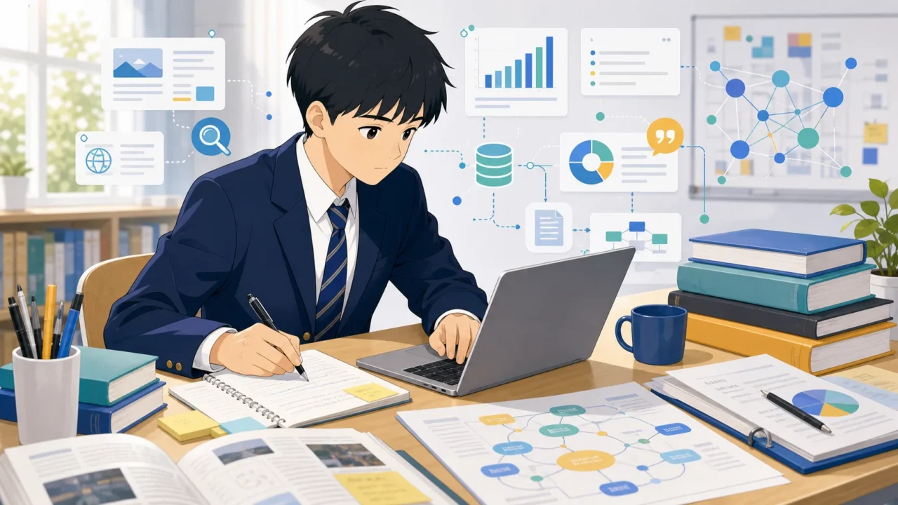 探究学習を通じてインターネット検索やフィールドワークから信頼性の高い情報を収集する様子を描いた画像