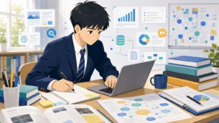 探究学習を通じてインターネット検索やフィールドワークから信頼性の高い情報を収集する様子を描いた画像