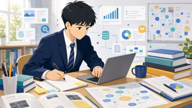 探究学習を通じてインターネット検索やフィールドワークから信頼性の高い情報を収集する様子を描いた画像