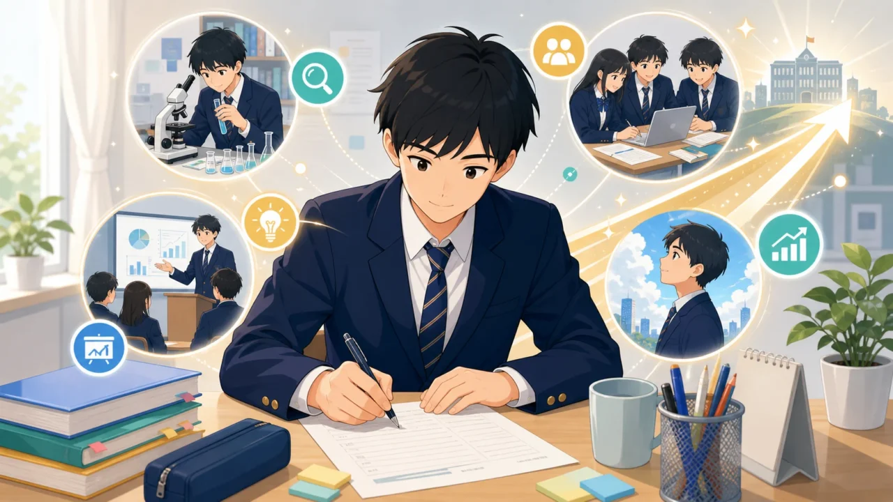 探究学習で身につけた社会人基礎力を志望理由書や自己PRシートにまとめて進路に活かす高校生のイラスト