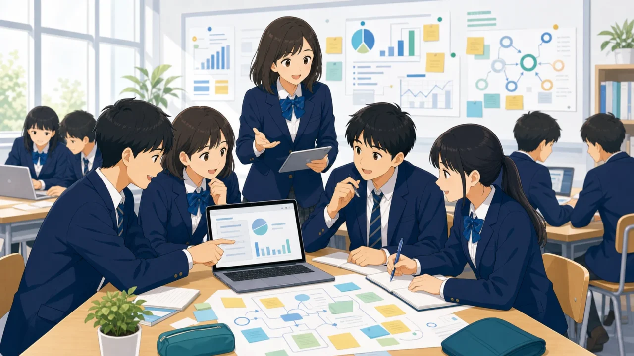 探究学習を通じて高校生が社会人スキルを習得する様子を描いた、明るく信頼感のあるアイキャッチ画像