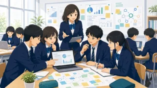 探究学習を通じて高校生が社会人スキルを習得する様子を描いた、明るく信頼感のあるアイキャッチ画像