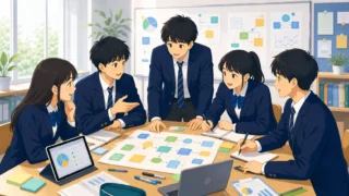 探究学習のグループワークで高校生たちが協力し合って一つの課題に取り組む様子を描いた画像