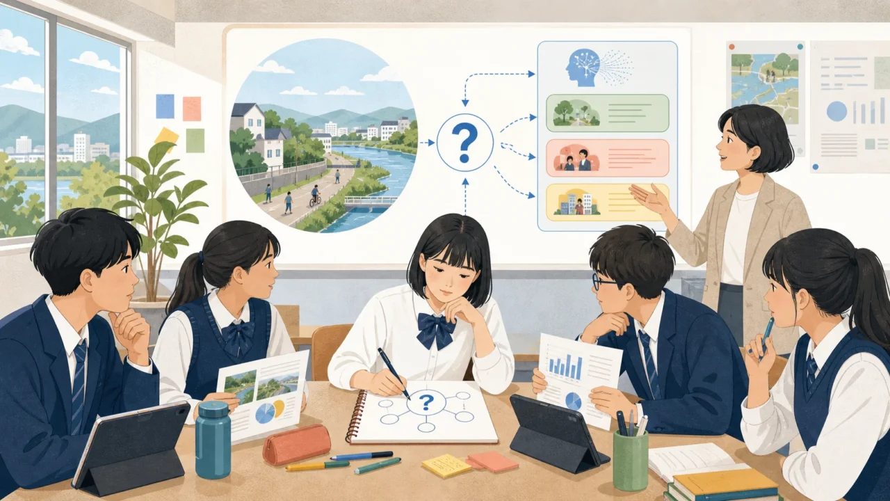 AI時代の地域課題について問いを立てる高校生と教員