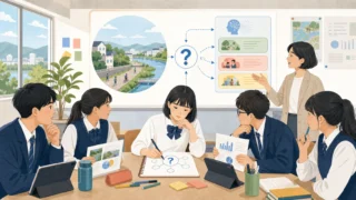 AI時代の地域課題について問いを立てる高校生と教員