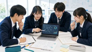 AIを研究テーマに、問い・仮説・調査方法を話し合う高校生