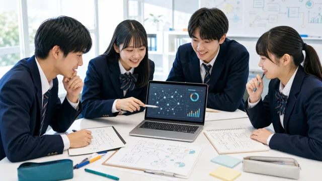 AIを研究テーマに、問い・仮説・調査方法を話し合う高校生