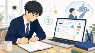 志望理由書のノートを前に、タブレットの生成AIのアドバイスを参考にしながら自分の考えを整理する高校生のイラスト
