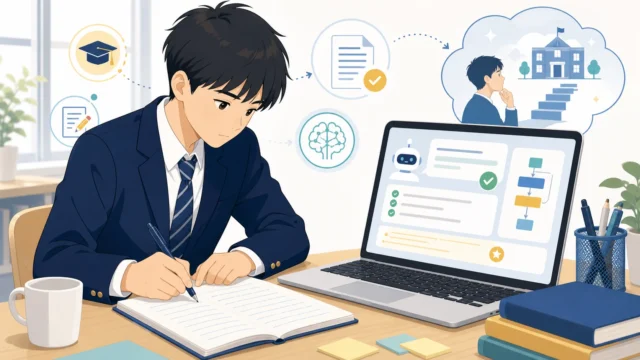 志望理由書のノートを前に、タブレットの生成AIのアドバイスを参考にしながら自分の考えを整理する高校生のイラスト