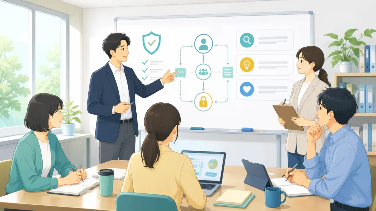 学校の授業における生成AI利用ルールのチェックリストを手に話し合う、日本の高校の先生たちのイラスト