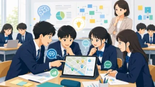 教室でグループワークをしながら、タブレットPCを使って地域の課題解決アイデアを整理する高校生と先生のイラスト