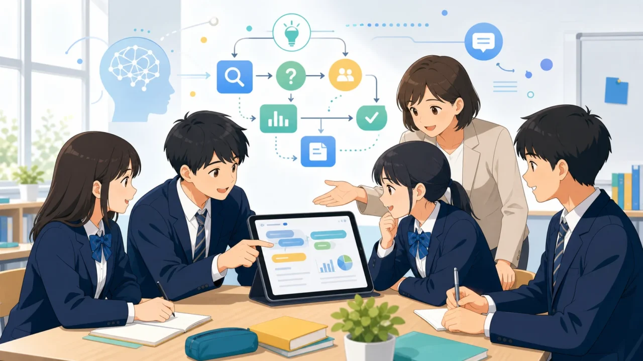 高校の探究学習で生成AIを思考のパートナーとして活用し、主体的に学ぶ生徒と見守る先生の明るいイラスト