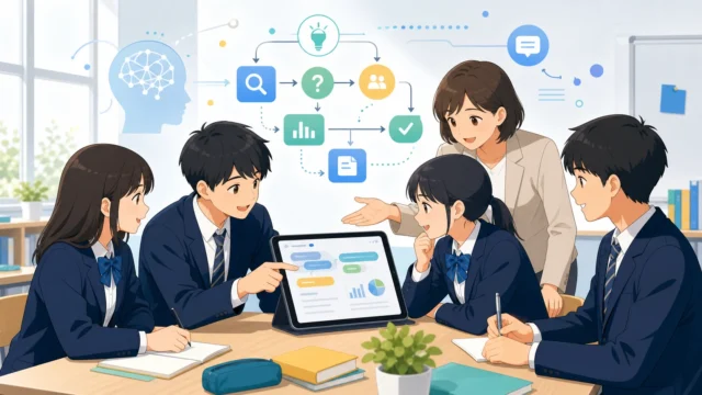 高校の探究学習で生成AIを思考のパートナーとして活用し、主体的に学ぶ生徒と見守る先生の明るいイラスト