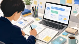 PCの画面に映る生成AIへのプロンプト入力画面と、それを見ながらノートにメモを取る高校生のイラスト