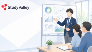 高校生が探究の成果をボードで面接官に説明しているイラスト（Study Valley）