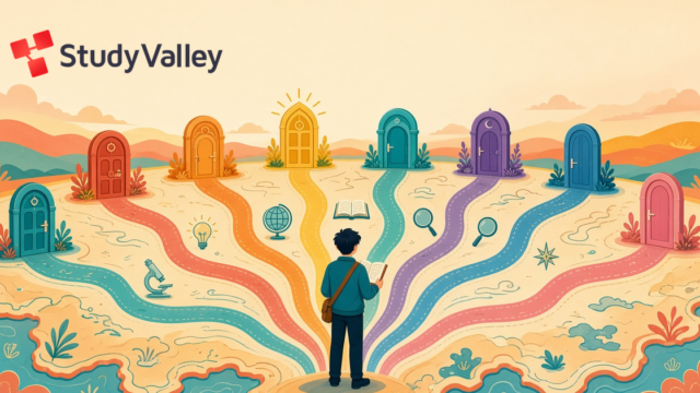 探究ノートを持った高校生が8つの扉へ続く道を見比べるイラスト（Study Valley）