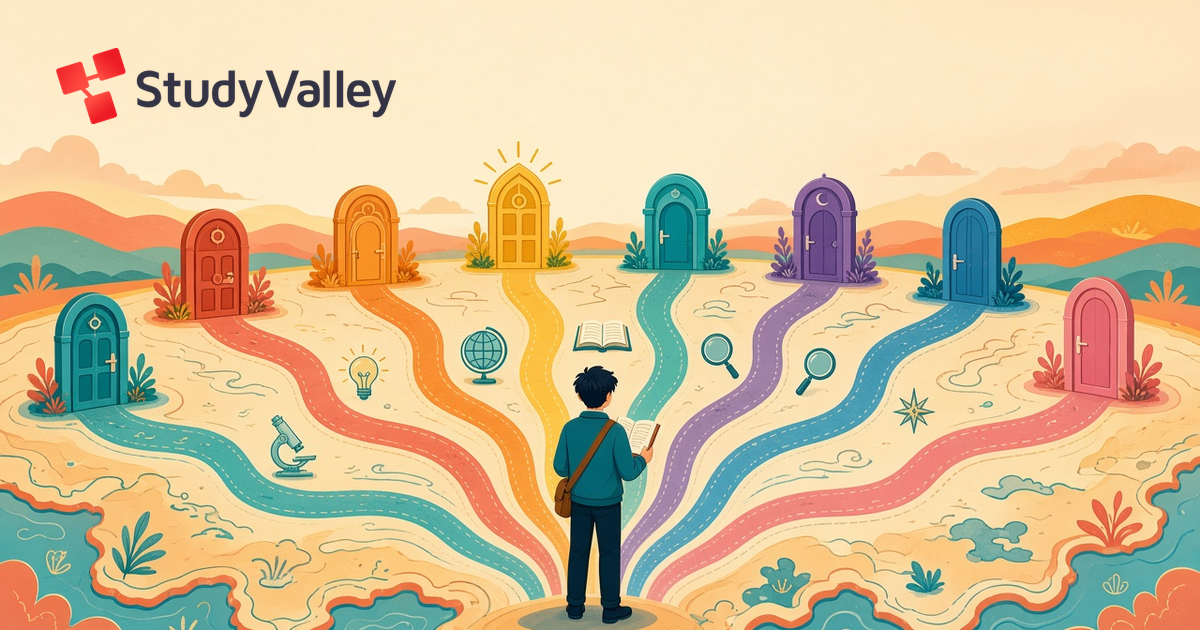 探究ノートを持った高校生が8つの扉へ続く道を見比べるイラスト(Study Valley)